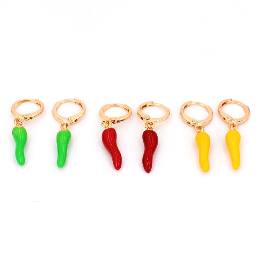 Chili Peppers Italian Horn Gold Stainless Red Green,Yellow Huggie Earrings 3705
